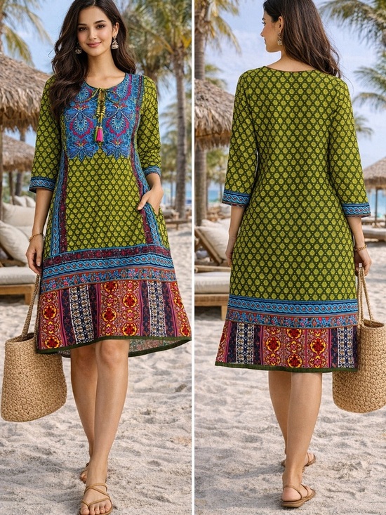 Anandas Collection Dresses & Skirts - Bohemian Printed Midi Dress in Olive Green
